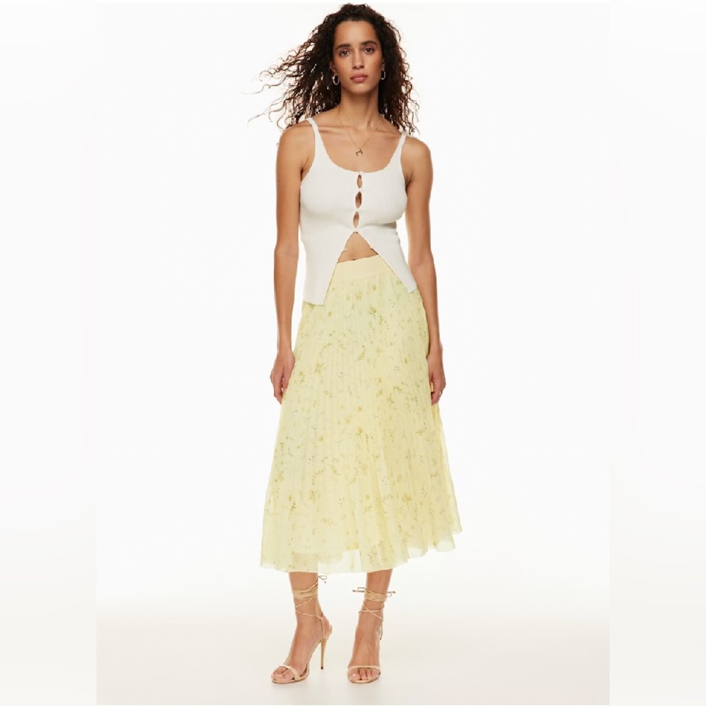 NEW Aritzia Wilfred Twirl Chiffon Pleated Midi Skirt Tropical Yellow and White